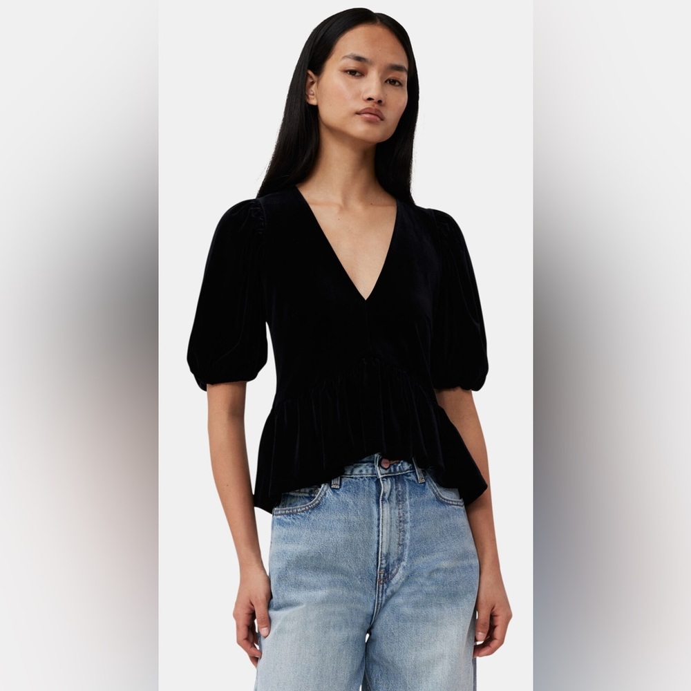 BNWT Ganni Black Velvet Jersey V-neck Blouse 36